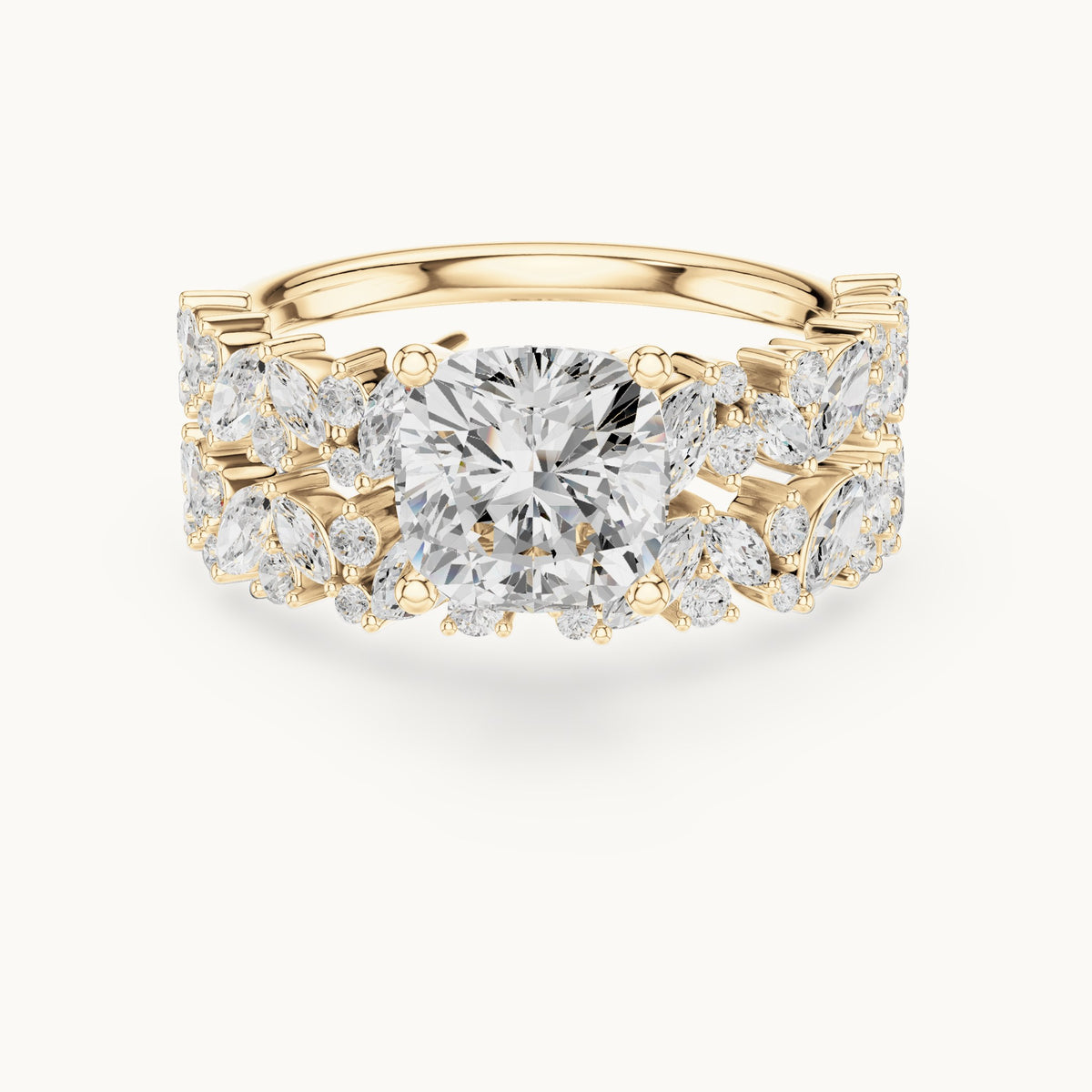 Cushion-cut lab-grown diamond engagement ring with marquise cluster double band in yellow gold, 2.83 CT TW, view 4
