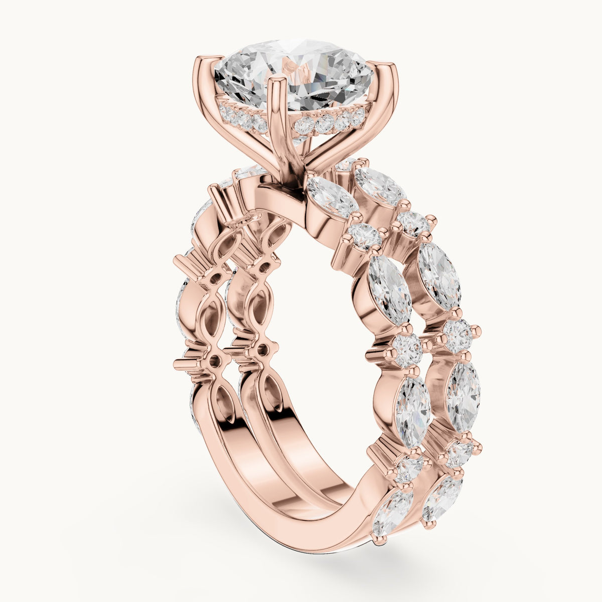 Cushion-cut lab-grown diamond hidden halo engagement ring with alternating marquise double band in rose gold, 3.83 CT TW, view 1