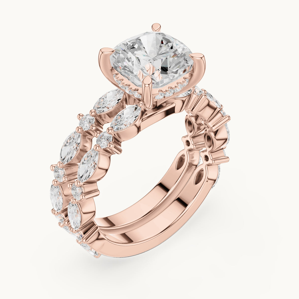 Cushion-cut lab-grown diamond hidden halo engagement ring with alternating marquise double band in rose gold, 3.83 CT TW, view 2