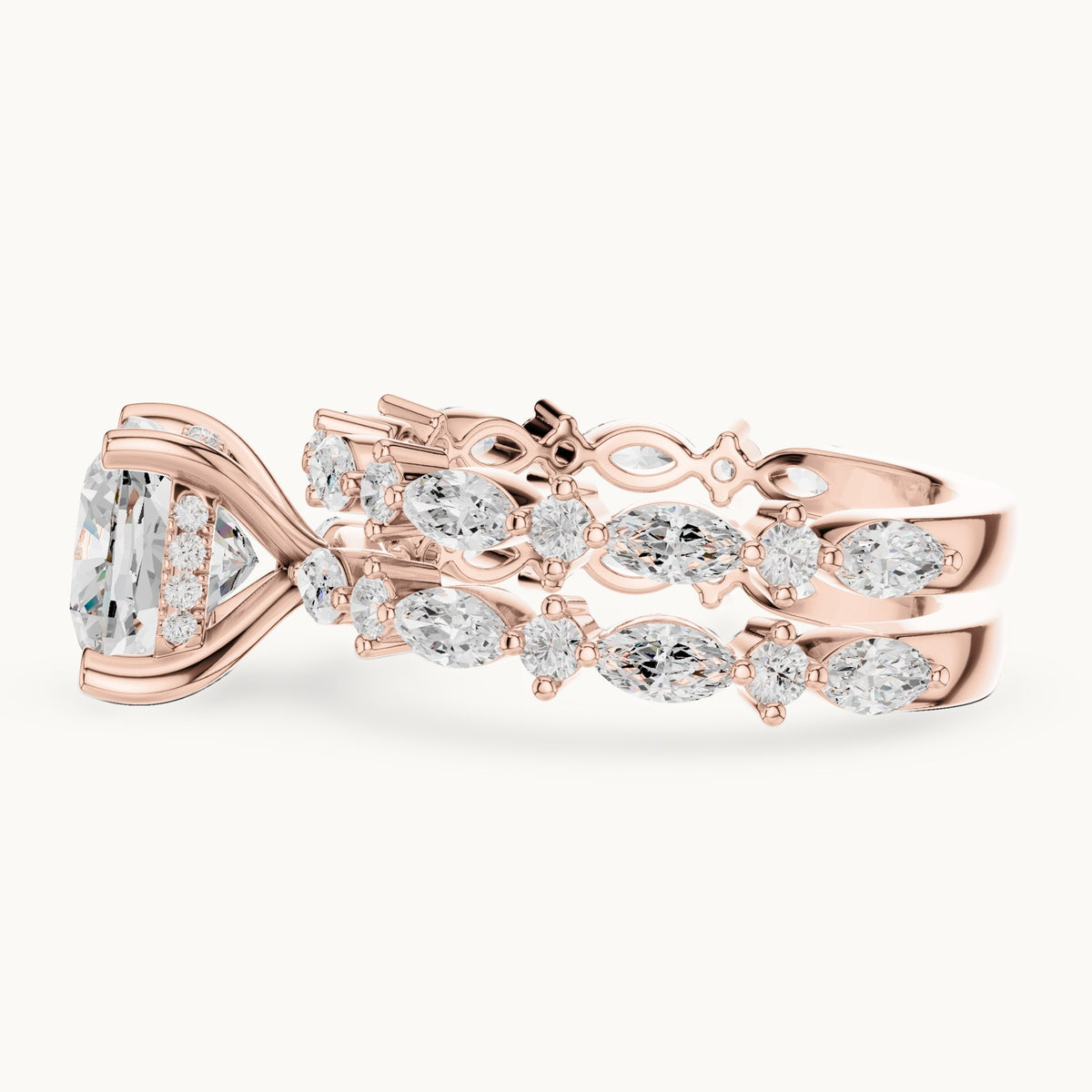 Cushion-cut lab-grown diamond hidden halo engagement ring with alternating marquise double band in rose gold, 3.83 CT TW, view 3