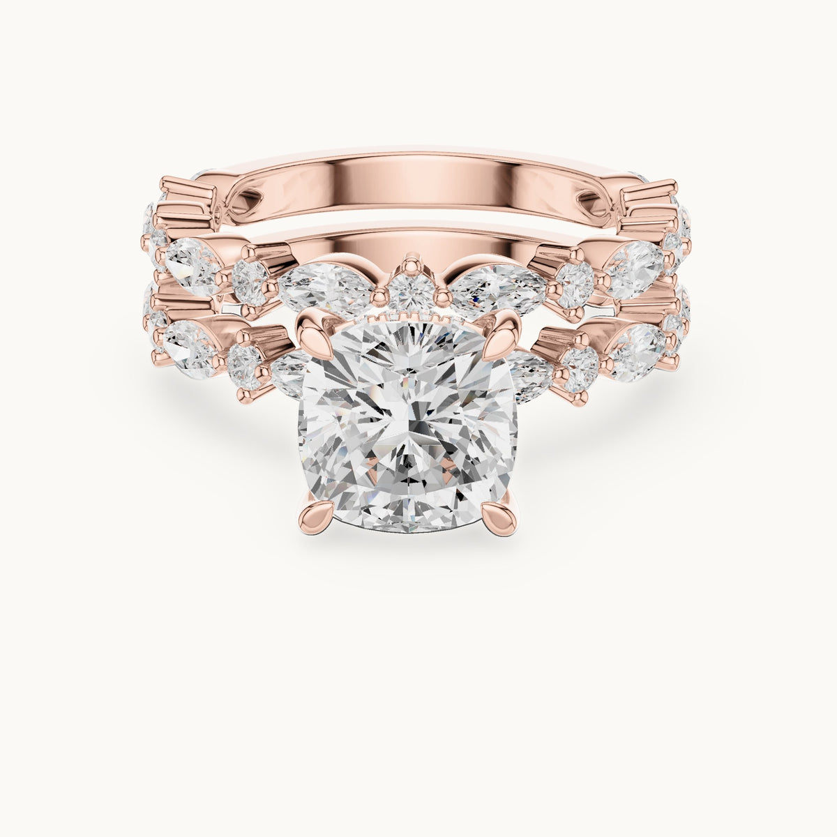 Cushion-cut lab-grown diamond hidden halo engagement ring with alternating marquise double band in rose gold, 3.83 CT TW, view 4