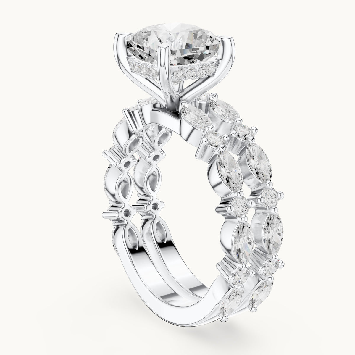 Cushion-cut lab-grown diamond hidden halo engagement ring with alternating marquise double band in white gold, 3.83 CT TW, view 1