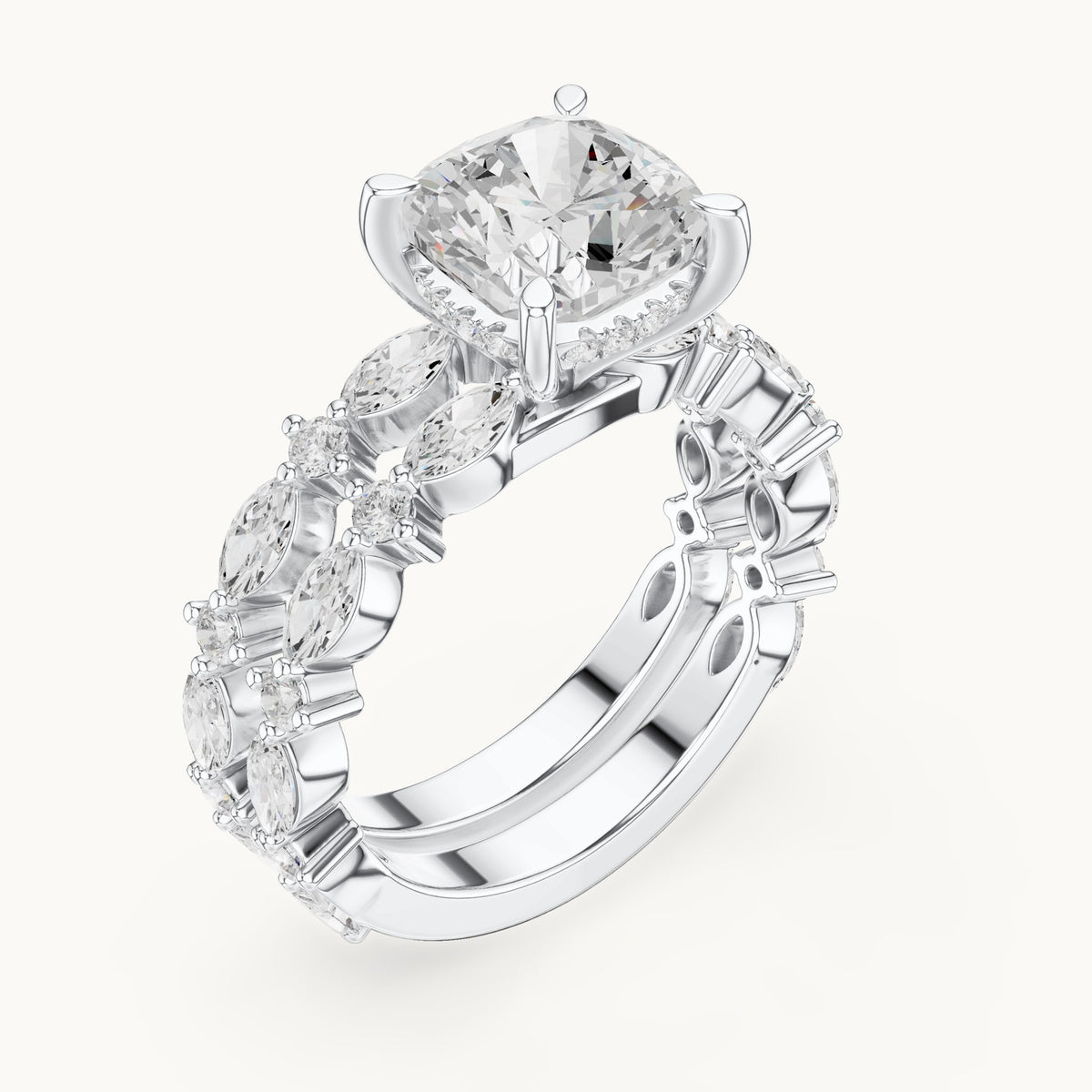Cushion-cut lab-grown diamond hidden halo engagement ring with alternating marquise double band in white gold, 3.83 CT TW, view 2