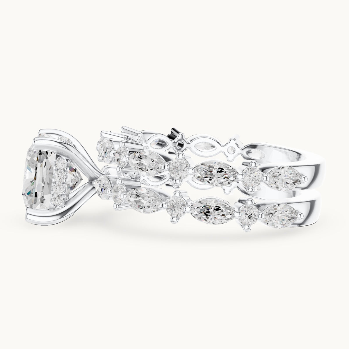 Cushion-cut lab-grown diamond hidden halo engagement ring with alternating marquise double band in white gold, 3.83 CT TW, view 3