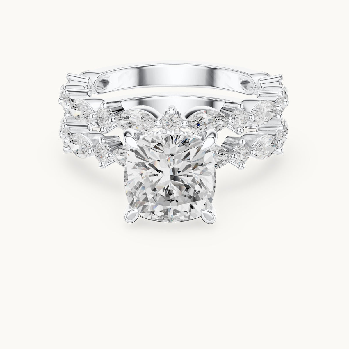 Cushion-cut lab-grown diamond hidden halo engagement ring with alternating marquise double band in white gold, 3.83 CT TW, view 4