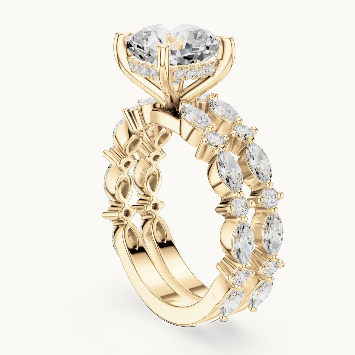 Cushion-cut lab-grown diamond hidden halo engagement ring with alternating marquise double band in yellow gold, 3.83 CT TW, view 1