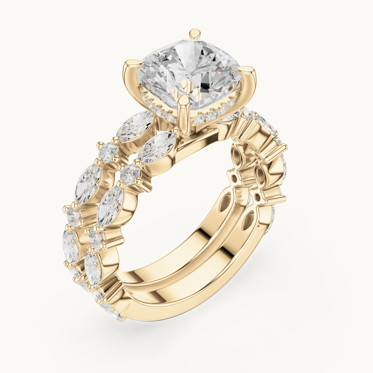 Cushion-cut lab-grown diamond hidden halo engagement ring with alternating marquise double band in yellow gold, 3.83 CT TW, view 2