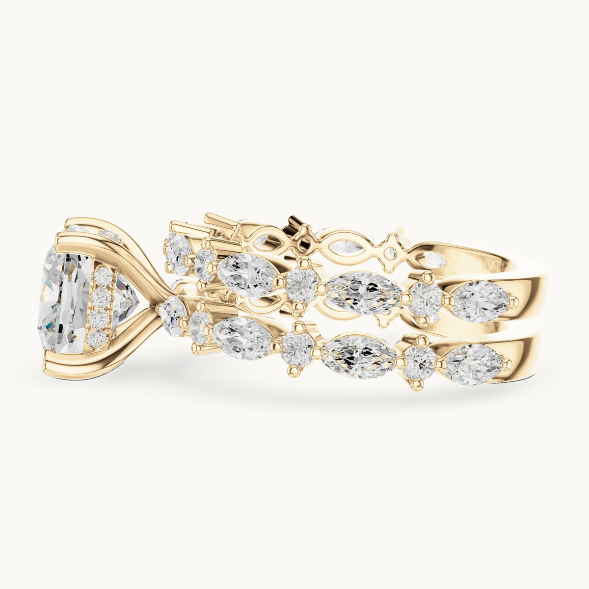 Cushion-cut lab-grown diamond hidden halo engagement ring with alternating marquise double band in yellow gold, 3.83 CT TW, view 3