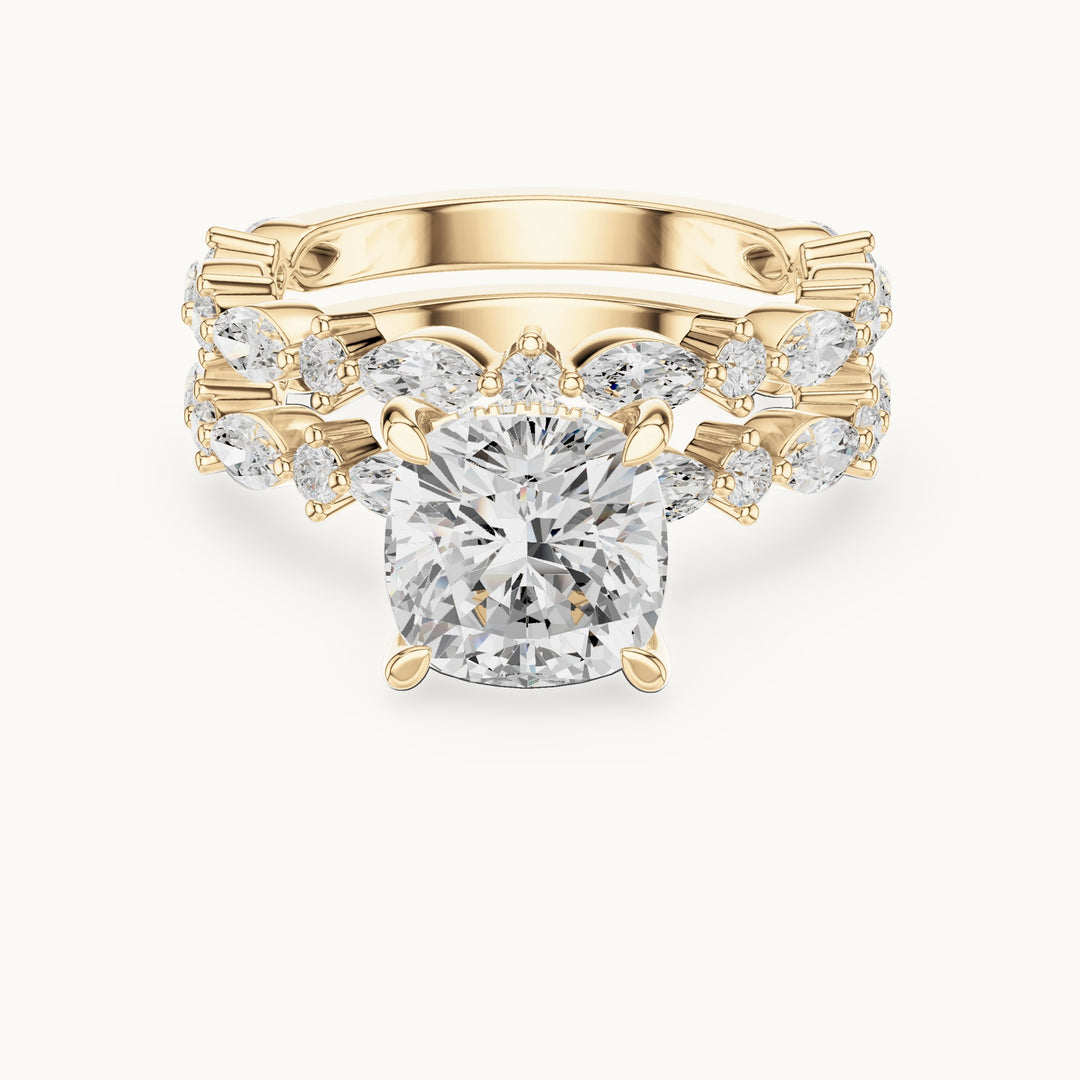 Cushion-cut lab-grown diamond hidden halo engagement ring with alternating marquise double band in yellow gold, 3.83 CT TW, view 4