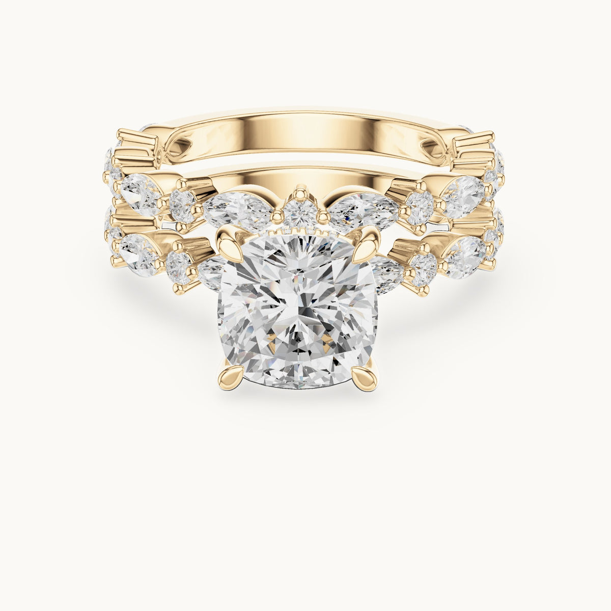 Cushion-cut lab-grown diamond hidden halo engagement ring with alternating marquise double band in yellow gold, 3.83 CT TW, view 4
