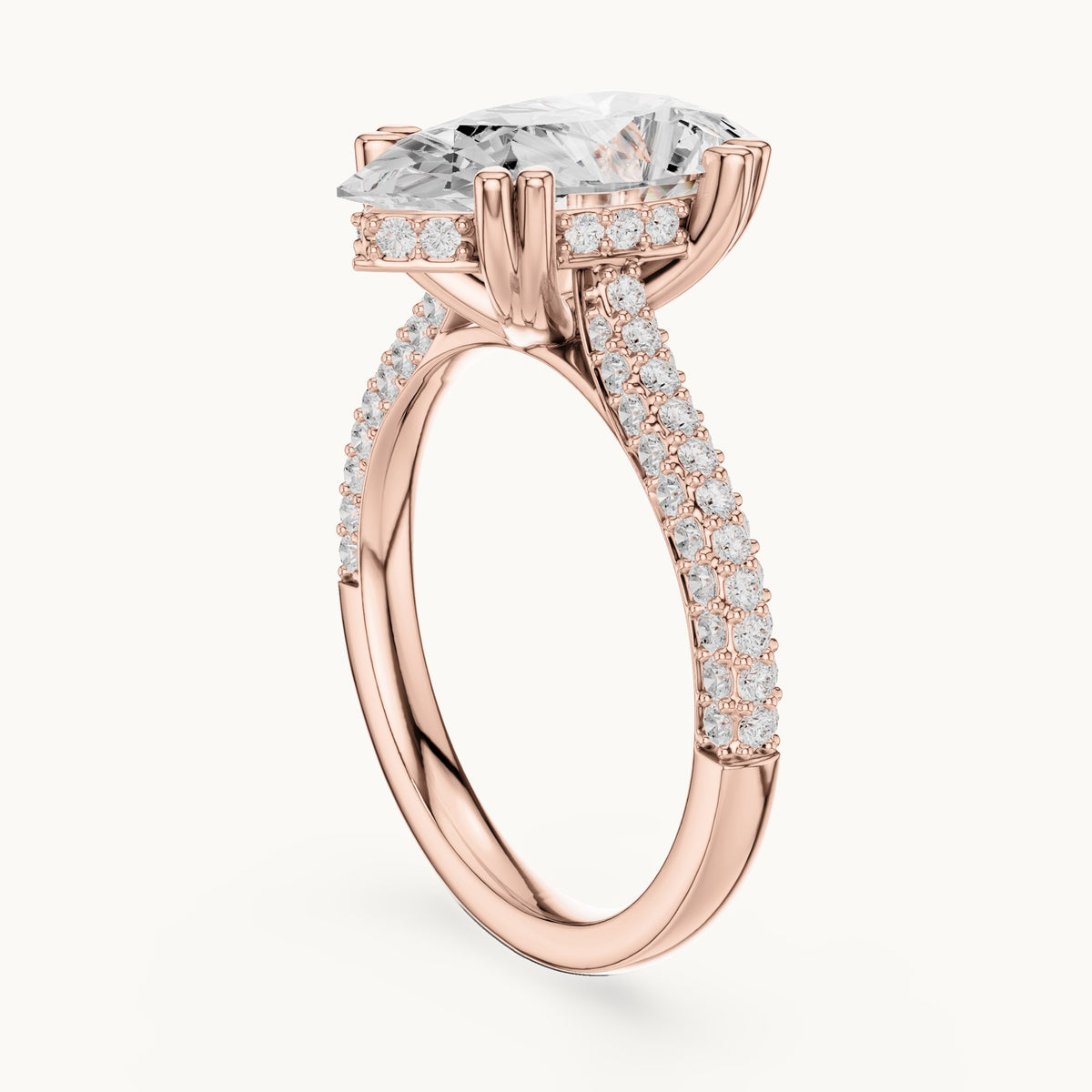 Pear and round lab-grown diamond hidden halo pavé engagement ring in rose gold, 3.824 CT TW, view 1