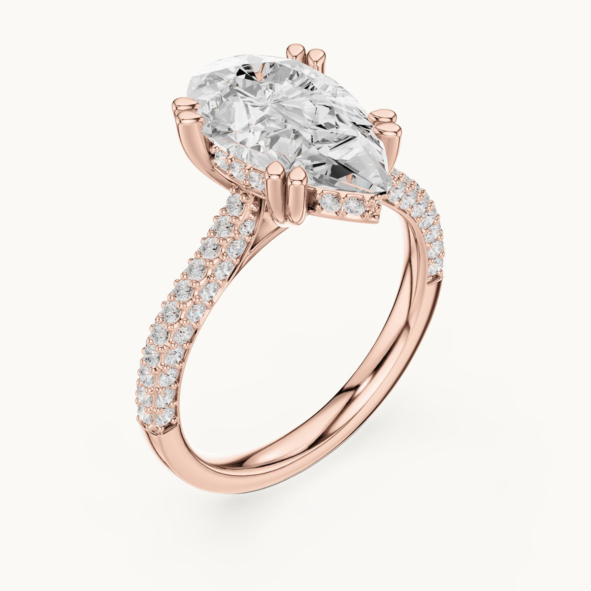 Pear and round lab-grown diamond hidden halo pavé engagement ring in rose gold, 3.824 CT TW, view 2