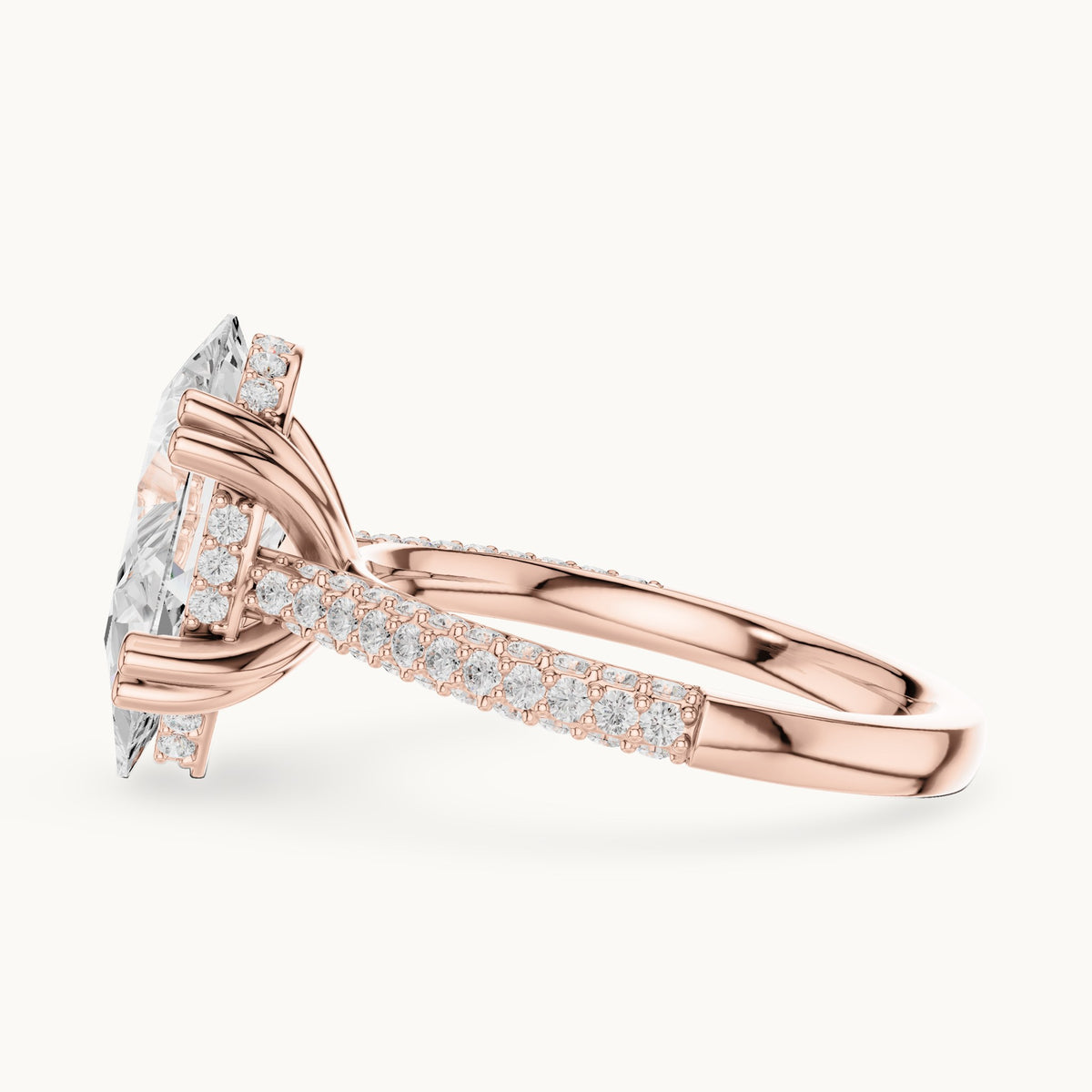 Pear and round lab-grown diamond hidden halo pavé engagement ring in rose gold, 3.824 CT TW, view 3