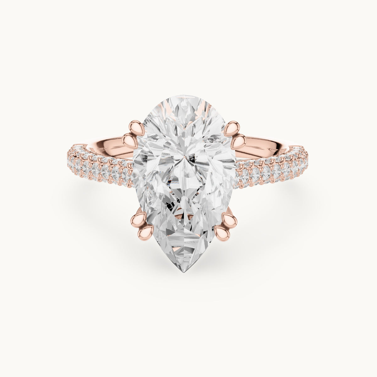 Pear and round lab-grown diamond hidden halo pavé engagement ring in rose gold, 3.824 CT TW, view 4