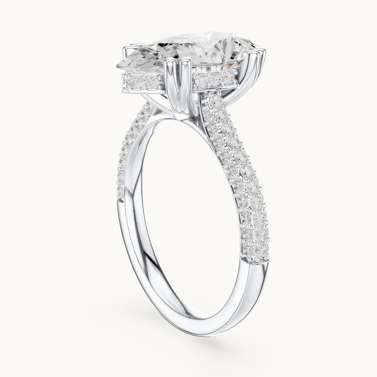Pear and round lab-grown diamond hidden halo pavé engagement ring in white gold, 3.824 CT TW, view 1