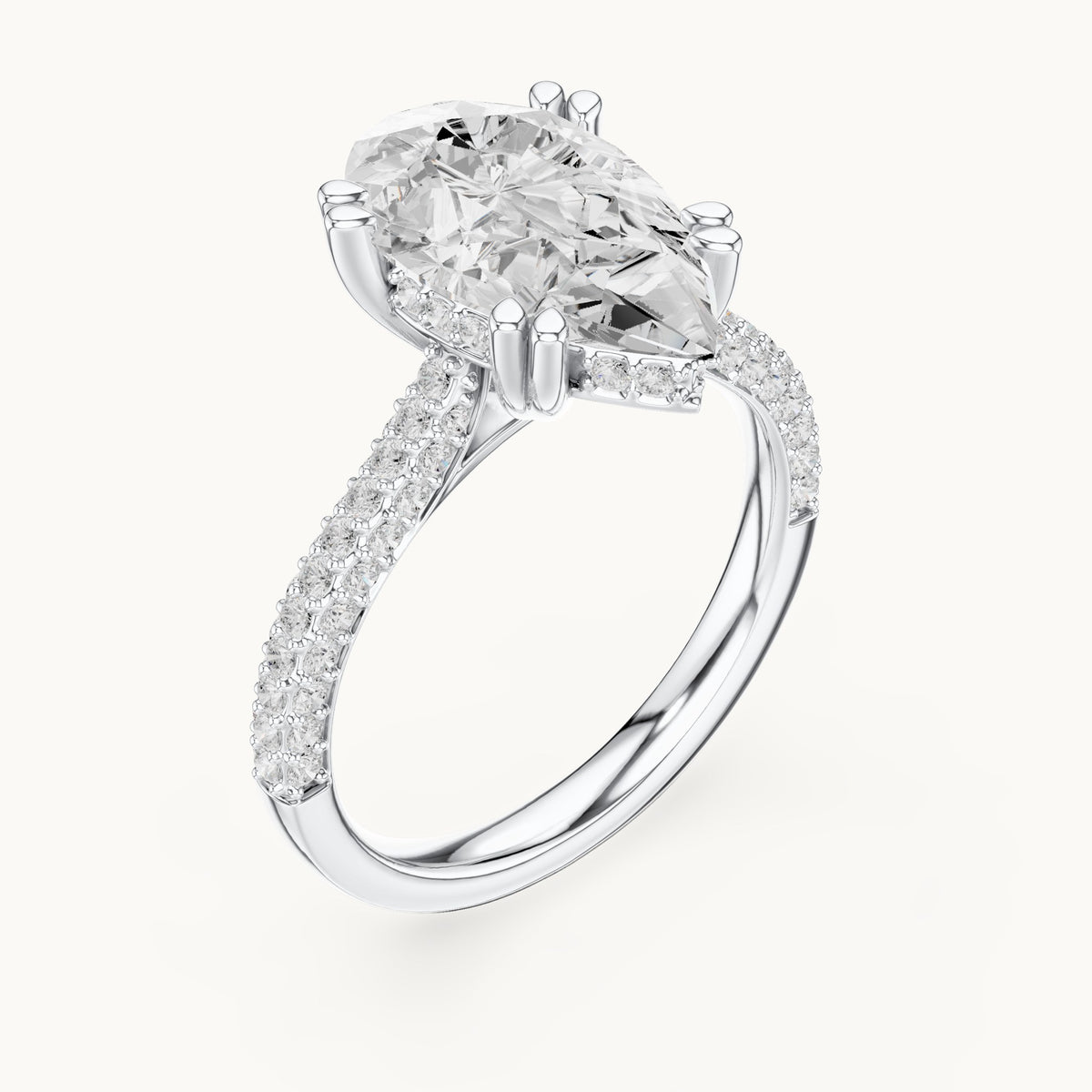 Pear and round lab-grown diamond hidden halo pavé engagement ring in white gold, 3.824 CT TW, view 2