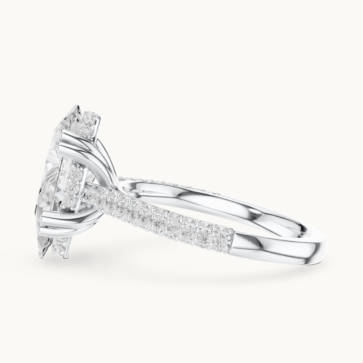 Pear and round lab-grown diamond hidden halo pavé engagement ring in white gold, 3.824 CT TW, view 3