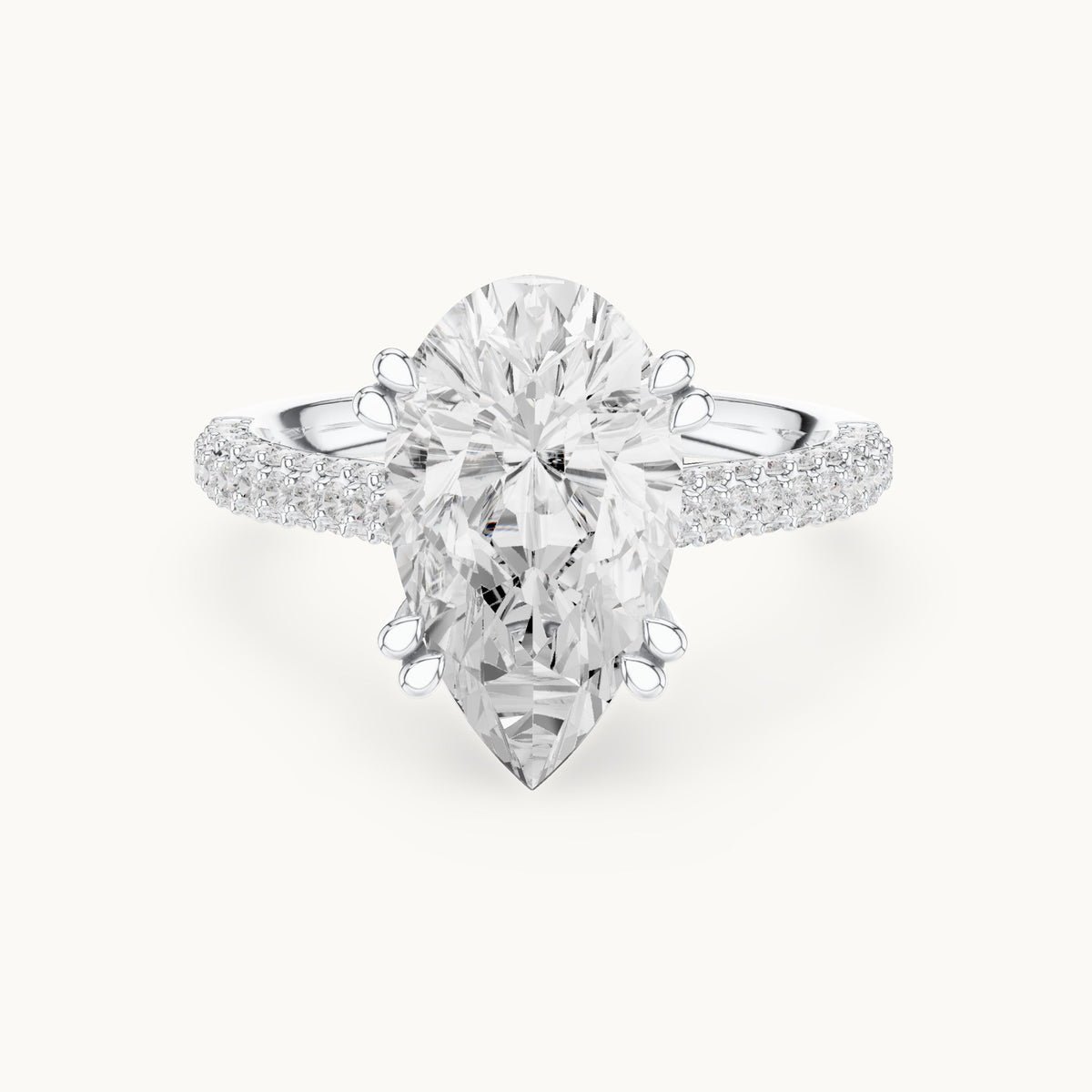 Pear and round lab-grown diamond hidden halo pavé engagement ring in white gold, 3.824 CT TW, view 4
