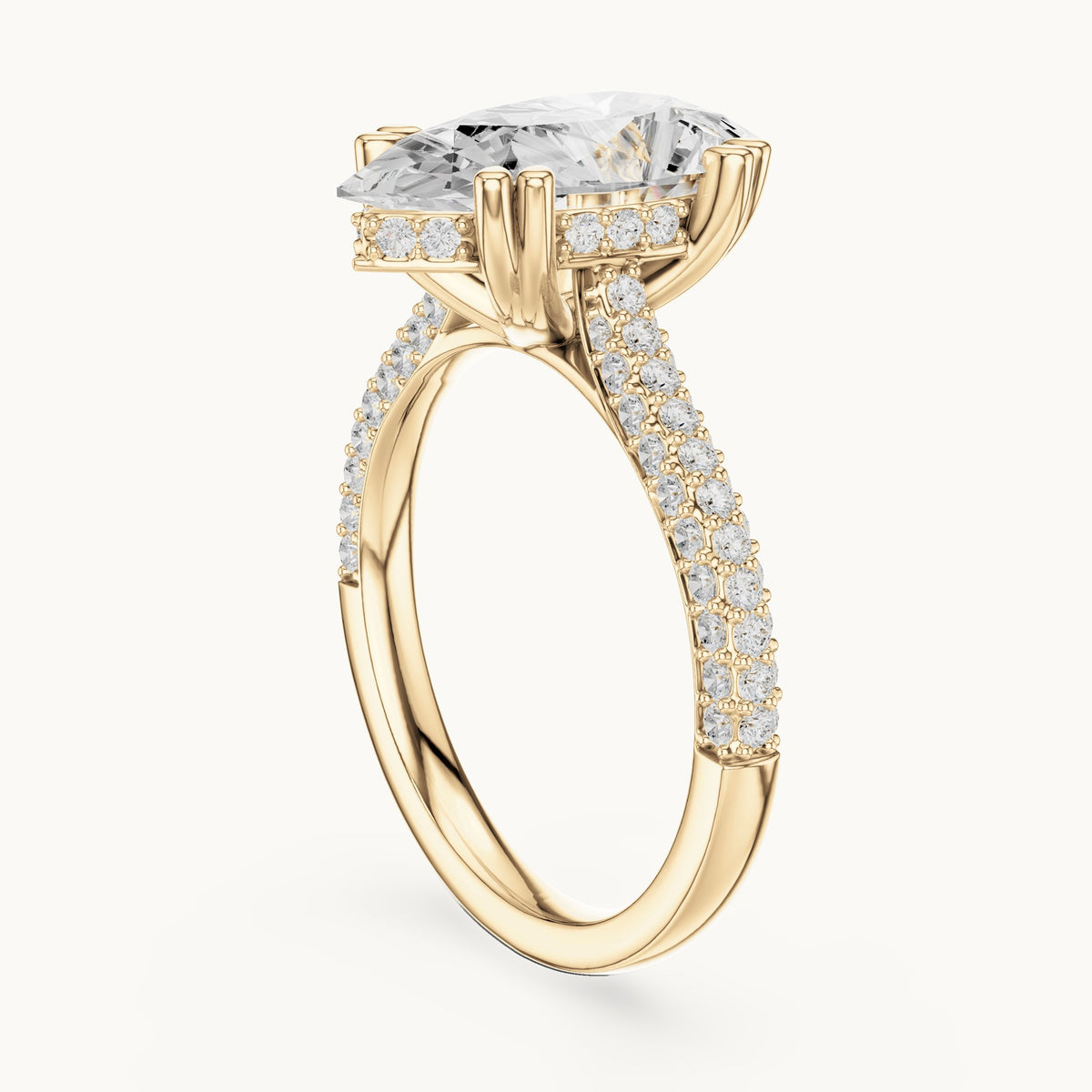 Pear and round lab-grown diamond hidden halo pavé engagement ring in yellow gold, 3.824 CT TW, view 1