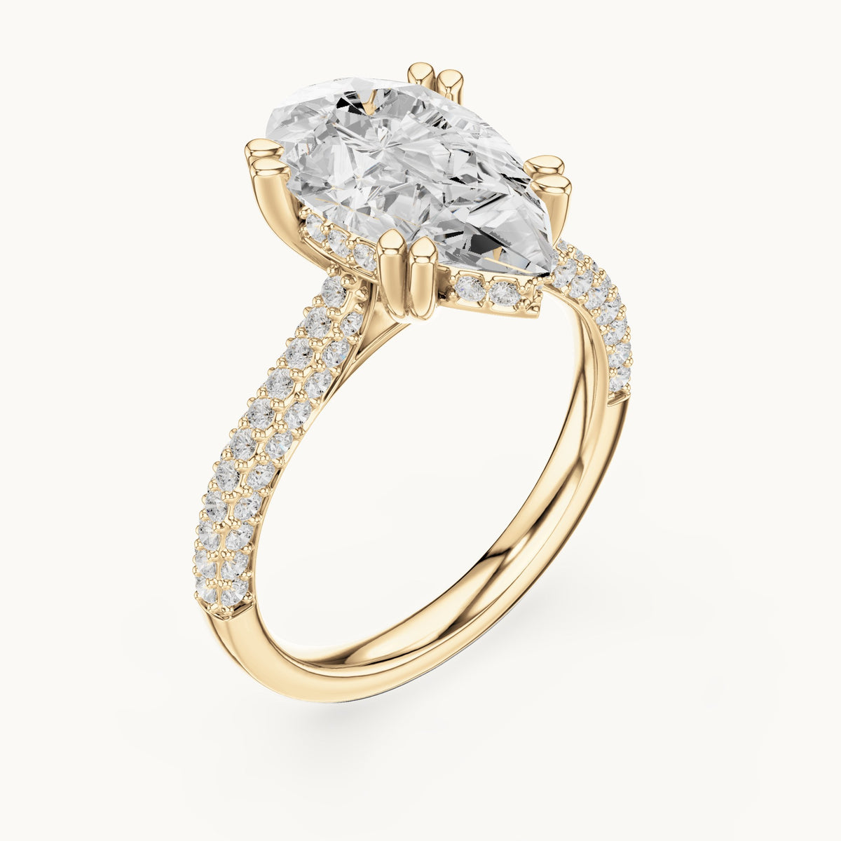 Pear and round lab-grown diamond hidden halo pavé engagement ring in yellow gold, 3.824 CT TW, view 2