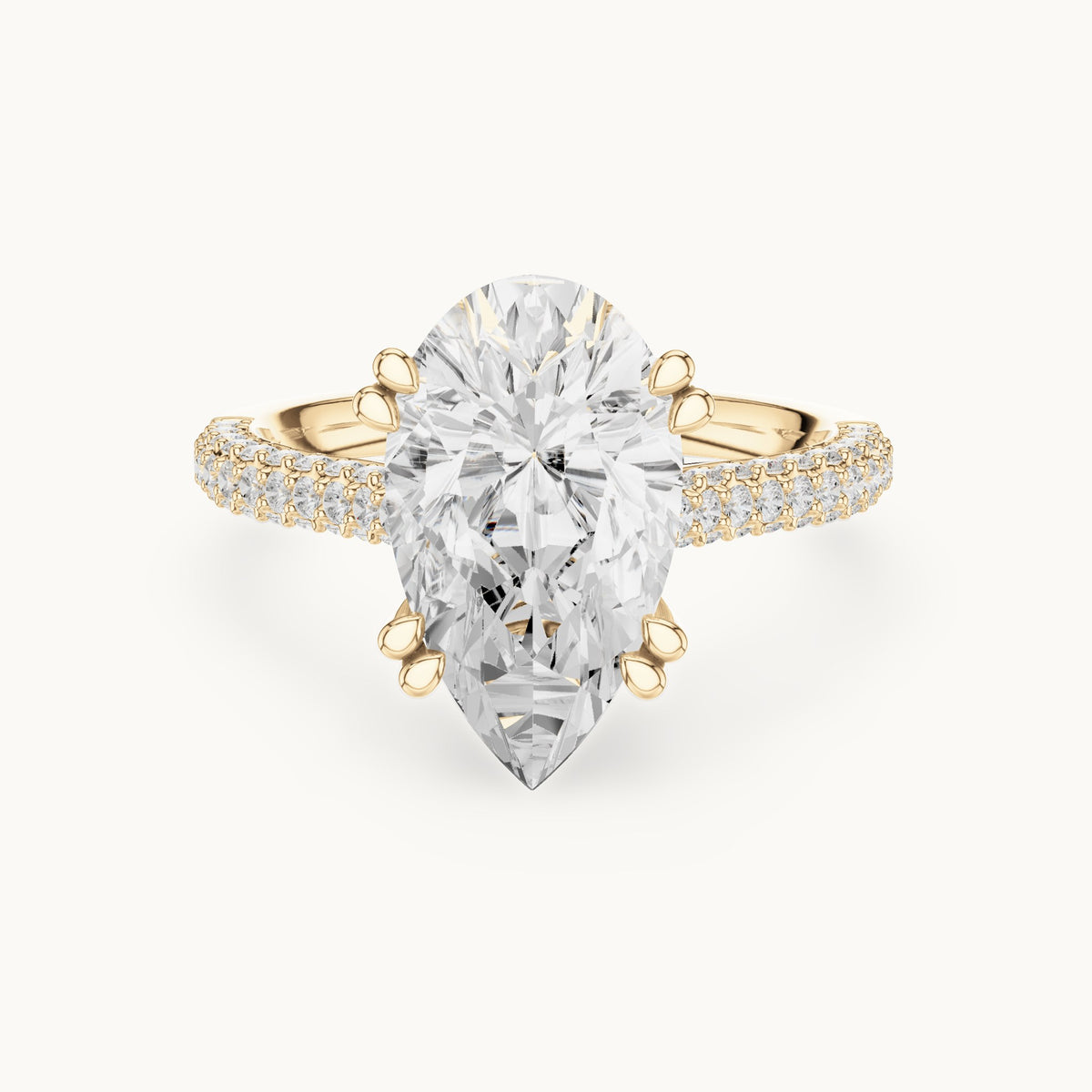 Pear and round lab-grown diamond hidden halo pavé engagement ring in yellow gold, 3.824 CT TW, view 4