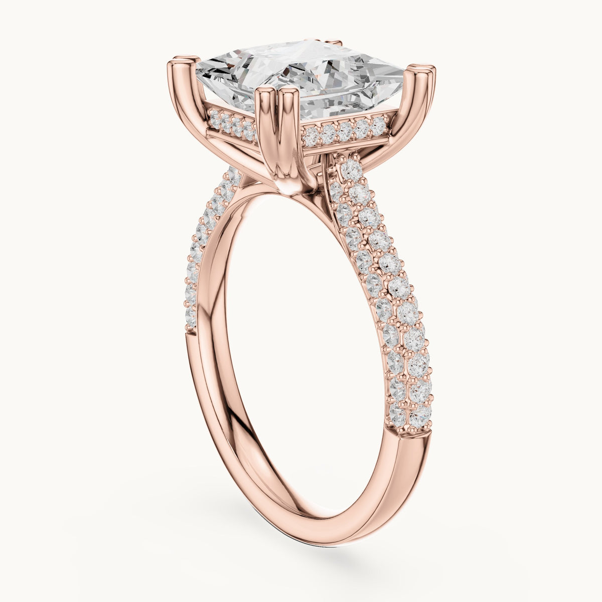 Princess-cut and round lab-grown diamond hidden halo double-row pavé engagement ring in rose gold, 4.446 CT TW, view 1
