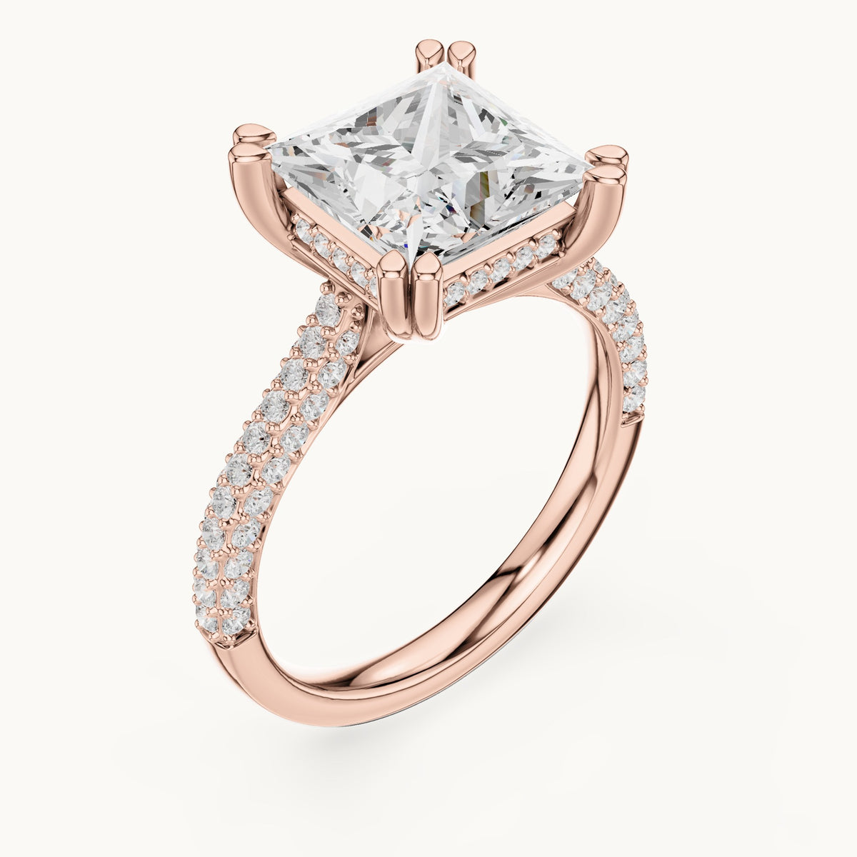 Princess-cut and round lab-grown diamond hidden halo double-row pavé engagement ring in rose gold, 4.446 CT TW, view 2