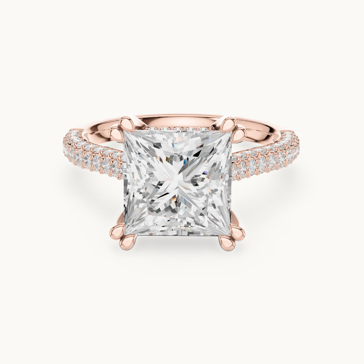Princess-cut and round lab-grown diamond hidden halo double-row pavé engagement ring in rose gold, 4.446 CT TW, view 4