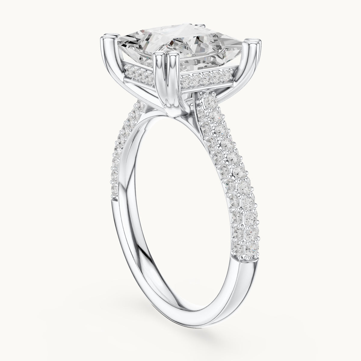 Princess-cut and round lab-grown diamond hidden halo double-row pavé engagement ring in white gold, 4.446 CT TW, view 1