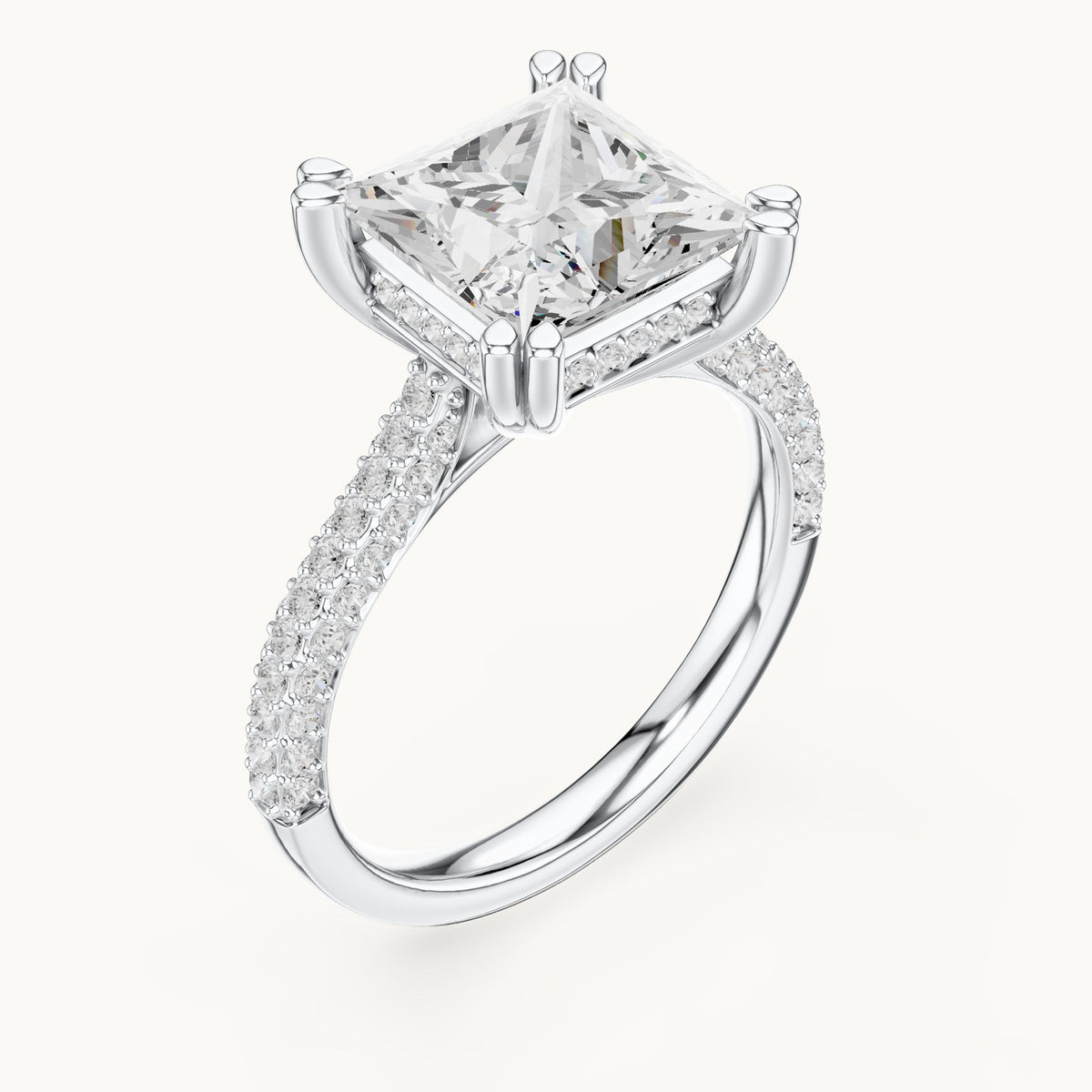 Princess-cut and round lab-grown diamond hidden halo double-row pavé engagement ring in white gold, 4.446 CT TW, view 2