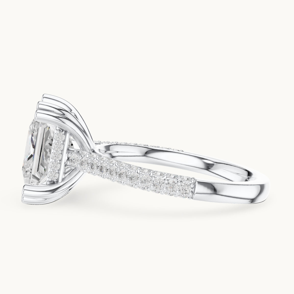 Princess-cut and round lab-grown diamond hidden halo double-row pavé engagement ring in white gold, 4.446 CT TW, view 3