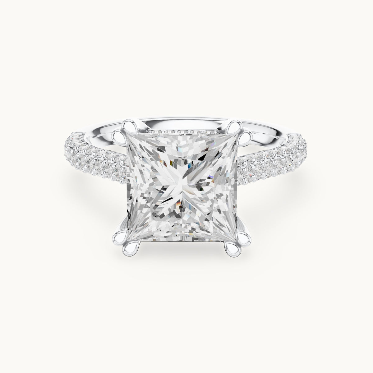 Princess-cut and round lab-grown diamond hidden halo double-row pavé engagement ring in white gold, 4.446 CT TW, view 4