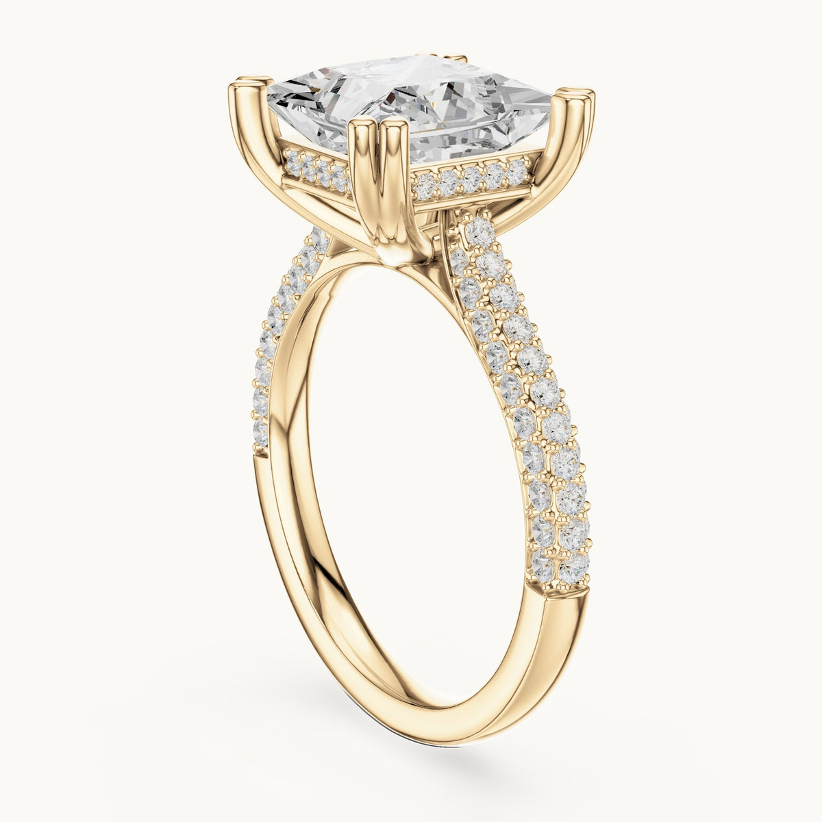 Princess-cut and round lab-grown diamond hidden halo double-row pavé engagement ring in yellow gold, 4.446 CT TW, view 1
