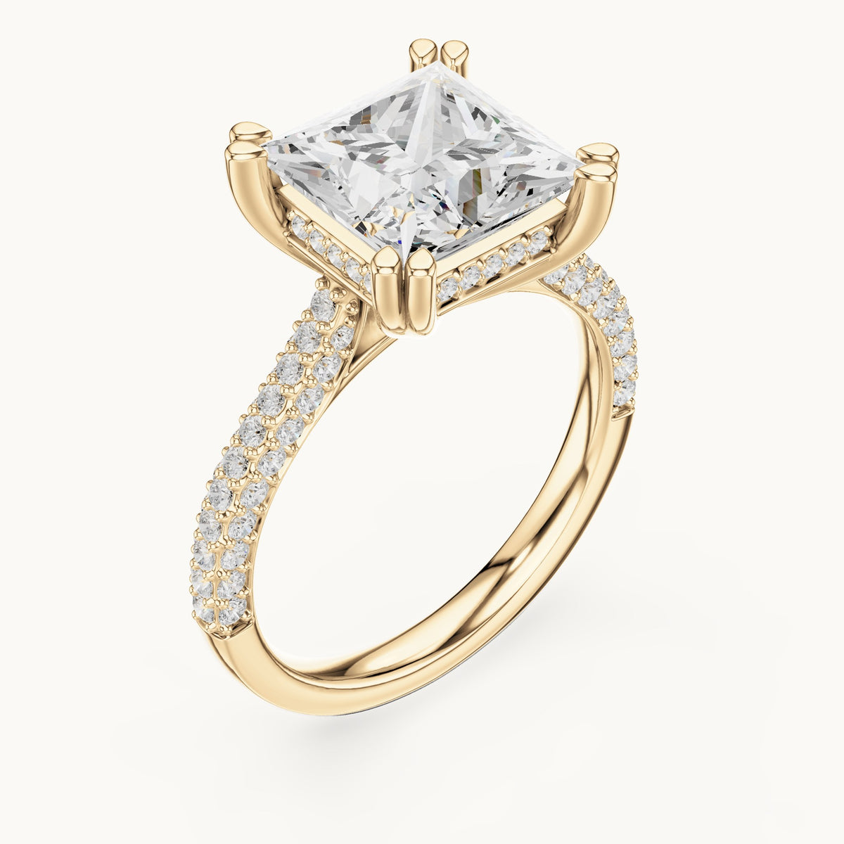 Princess-cut and round lab-grown diamond hidden halo double-row pavé engagement ring in yellow gold, 4.446 CT TW, view 2