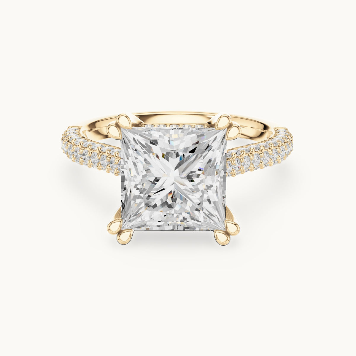 Princess-cut and round lab-grown diamond hidden halo double-row pavé engagement ring in yellow gold, 4.446 CT TW, view 4
