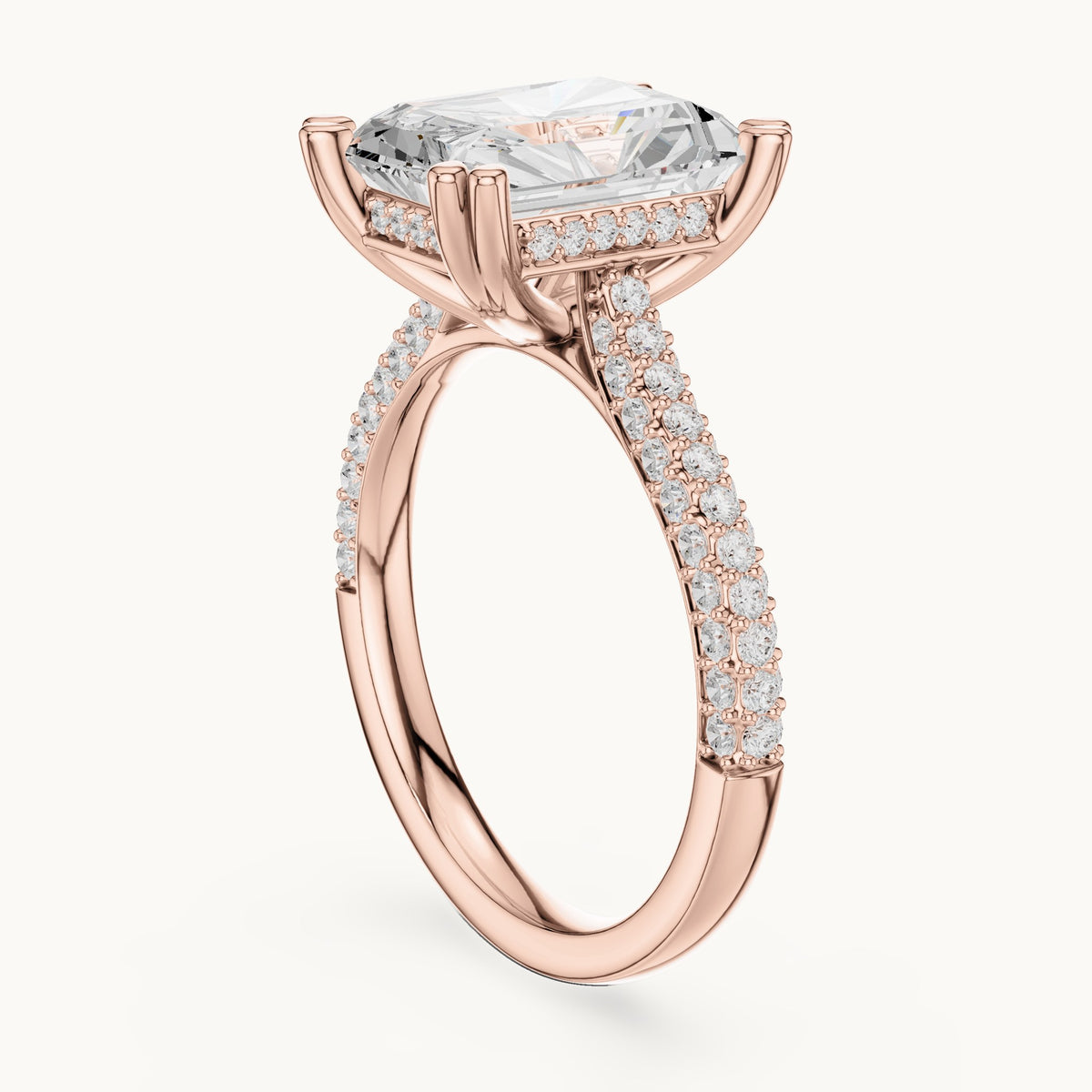 Radiant-cut and round lab-grown diamond hidden halo double-row pavé engagement ring in rose gold, 5.264 CT TW, view 1