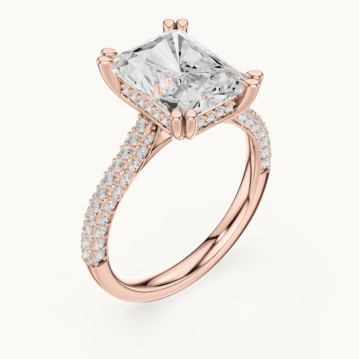Radiant-cut and round lab-grown diamond hidden halo double-row pavé engagement ring in rose gold, 5.264 CT TW, view 2