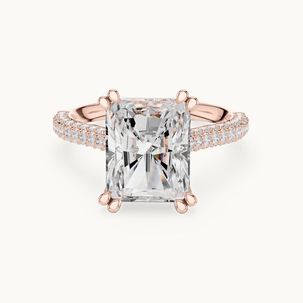 Radiant-cut and round lab-grown diamond hidden halo double-row pavé engagement ring in rose gold, 5.264 CT TW, view 4