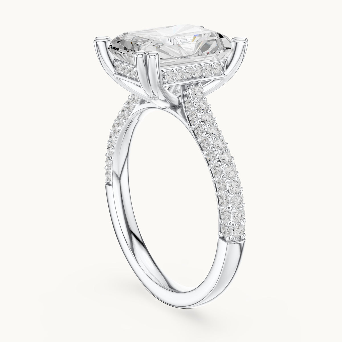 Radiant-cut and round lab-grown diamond hidden halo double-row pavé engagement ring in white gold, 5.264 CT TW, view 1