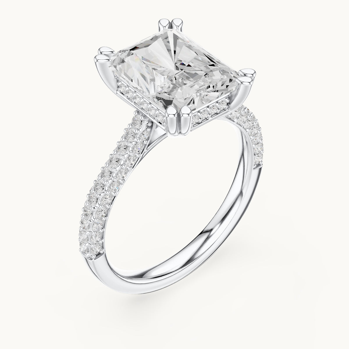 Radiant-cut and round lab-grown diamond hidden halo double-row pavé engagement ring in white gold, 5.264 CT TW, view 2