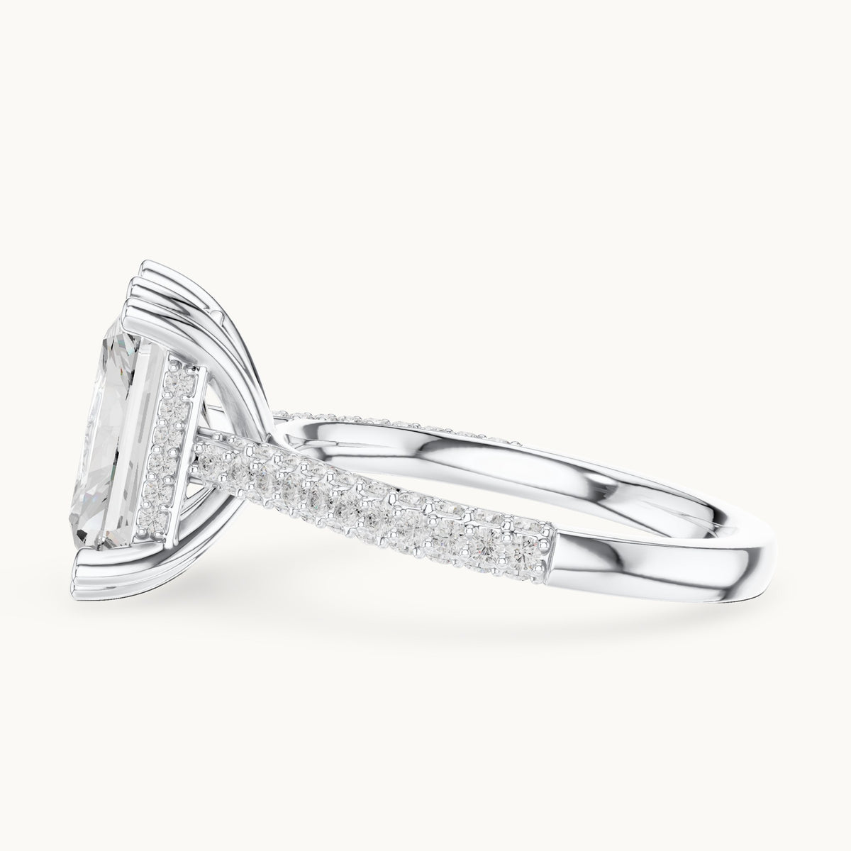 Radiant-cut and round lab-grown diamond hidden halo double-row pavé engagement ring in white gold, 5.264 CT TW, view 3