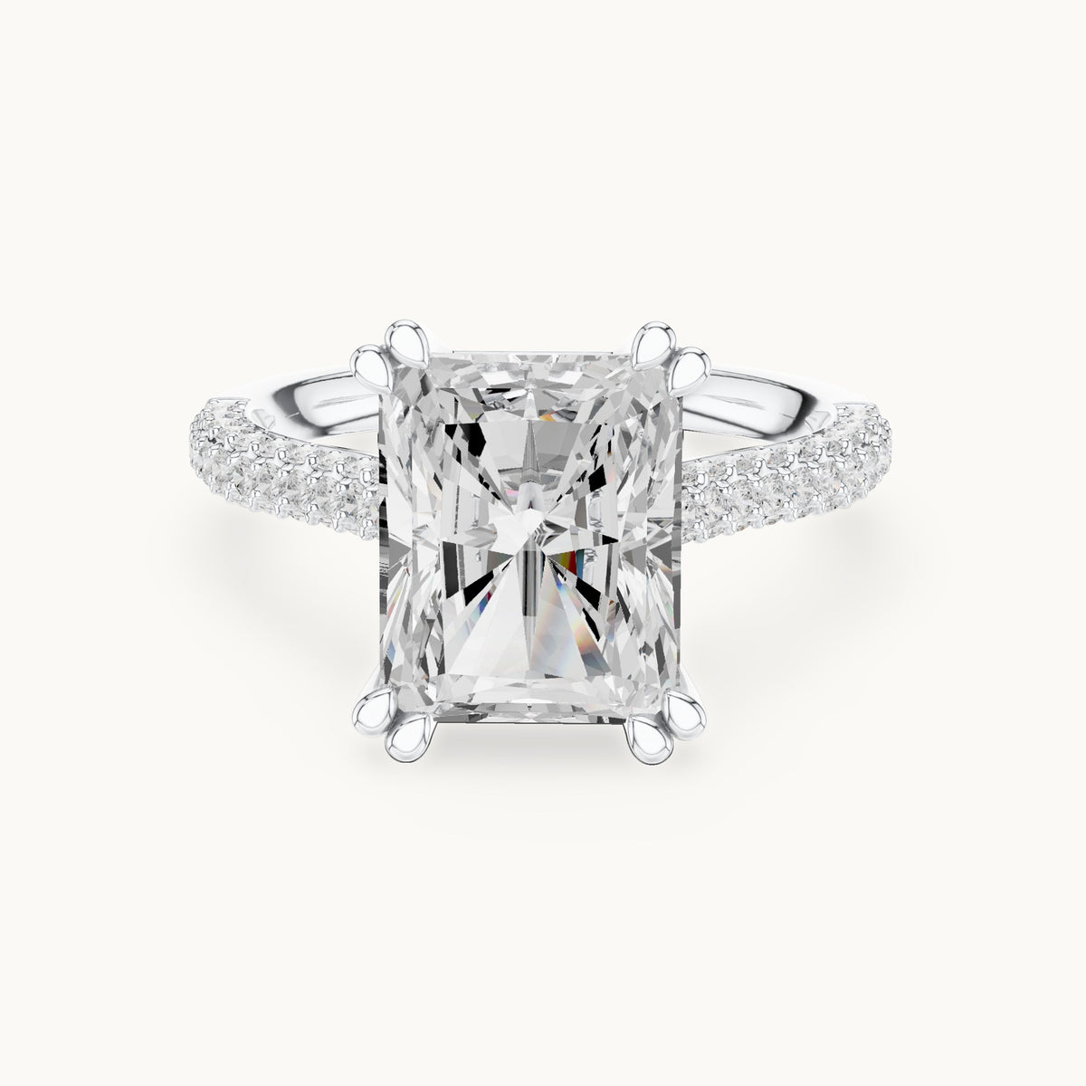 Radiant-cut and round lab-grown diamond hidden halo double-row pavé engagement ring in white gold, 5.264 CT TW, view 4