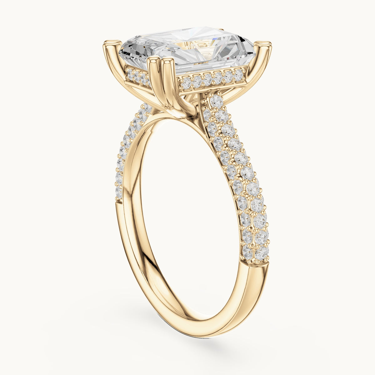 Radiant-cut and round lab-grown diamond hidden halo double-row pavé engagement ring in yellow gold, 5.264 CT TW, view 1