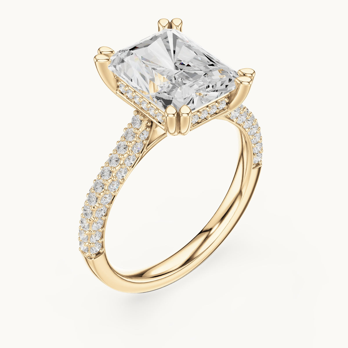 Radiant-cut and round lab-grown diamond hidden halo double-row pavé engagement ring in yellow gold, 5.264 CT TW, view 2