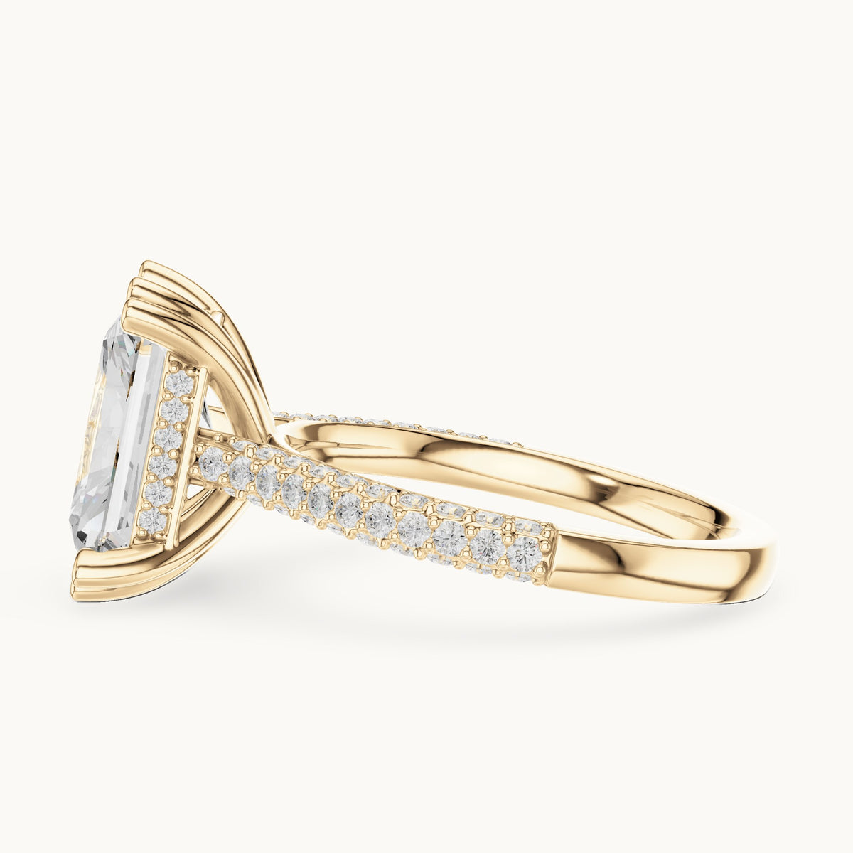 Radiant-cut and round lab-grown diamond hidden halo double-row pavé engagement ring in yellow gold, 5.264 CT TW, view 3