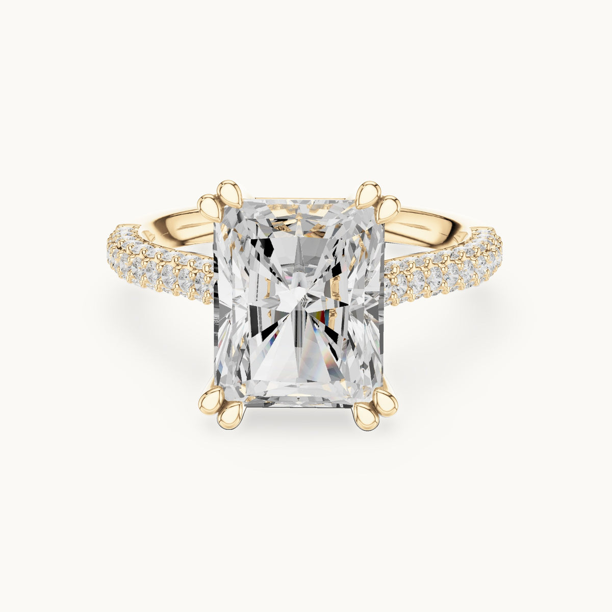 Radiant-cut and round lab-grown diamond hidden halo double-row pavé engagement ring in yellow gold, 5.264 CT TW, view 4