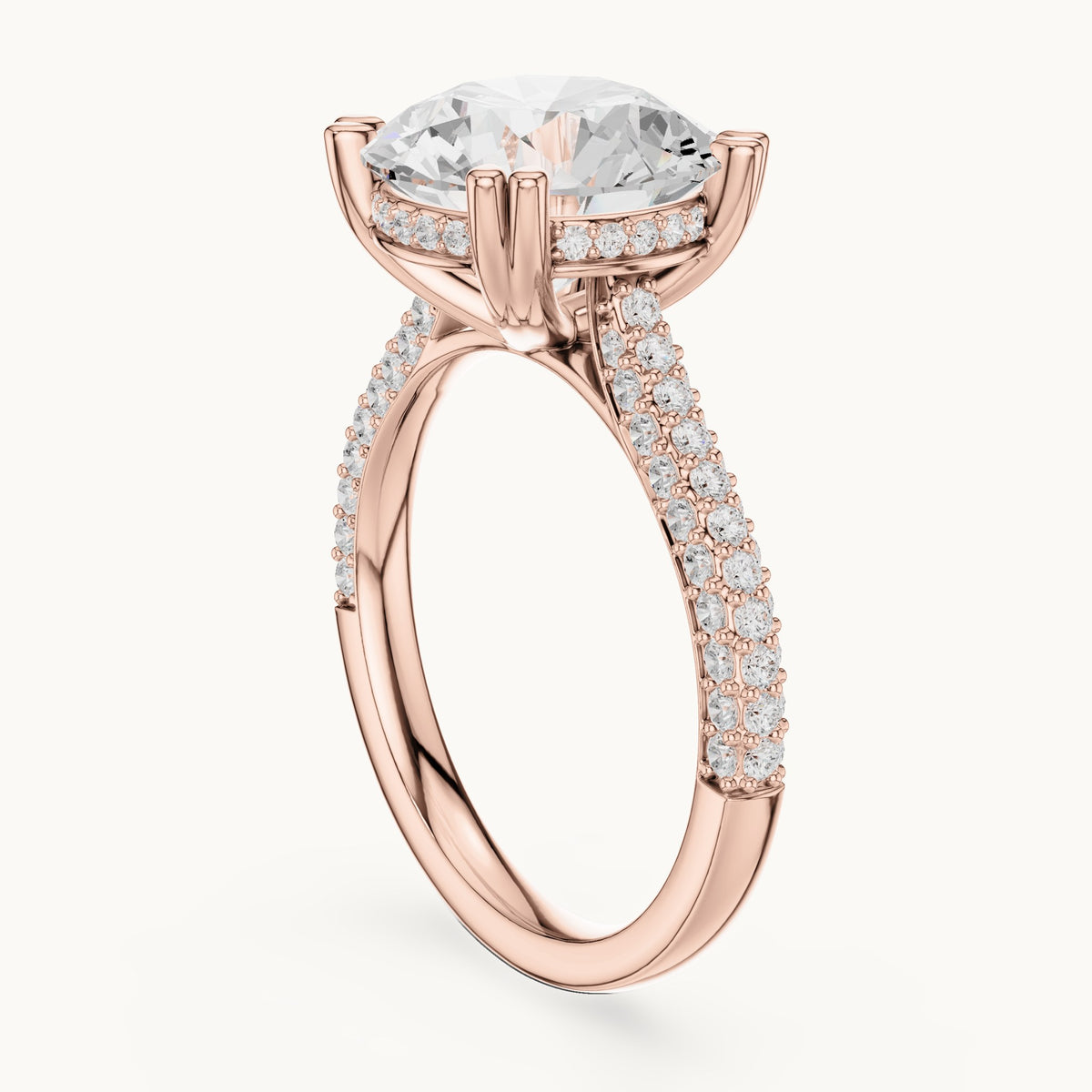 Round lab-grown diamond hidden halo double-row pavé engagement ring in rose gold, 4.584 CT TW, view 1