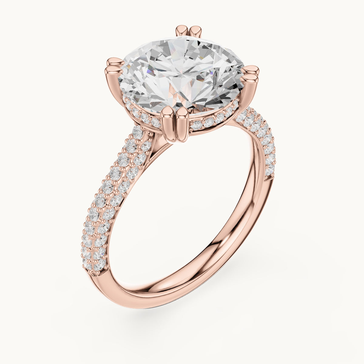 Round lab-grown diamond hidden halo double-row pavé engagement ring in rose gold, 4.584 CT TW, view 2