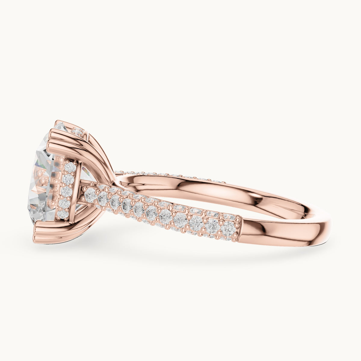 Round lab-grown diamond hidden halo double-row pavé engagement ring in rose gold, 4.584 CT TW, view 3
