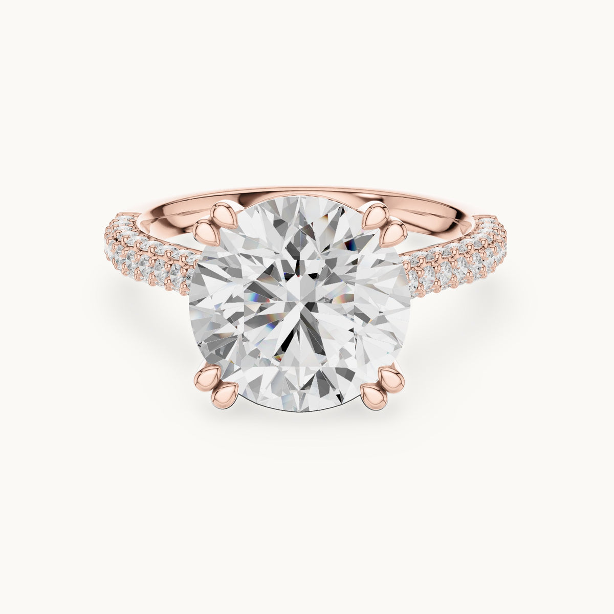 Round lab-grown diamond hidden halo double-row pavé engagement ring in rose gold, 4.584 CT TW, view 4